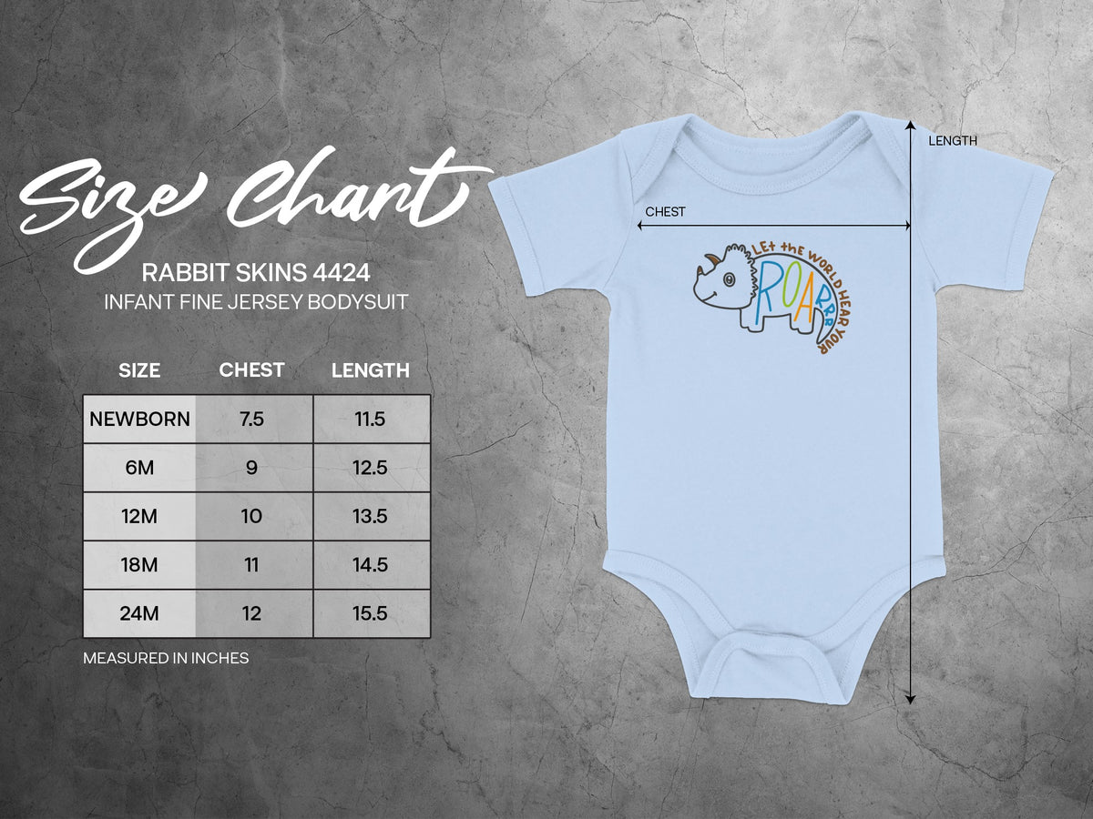 Size chart and measurement guide for Rabbit Skins 4424 infant fine jersey bodysuit with dimensions in inches.