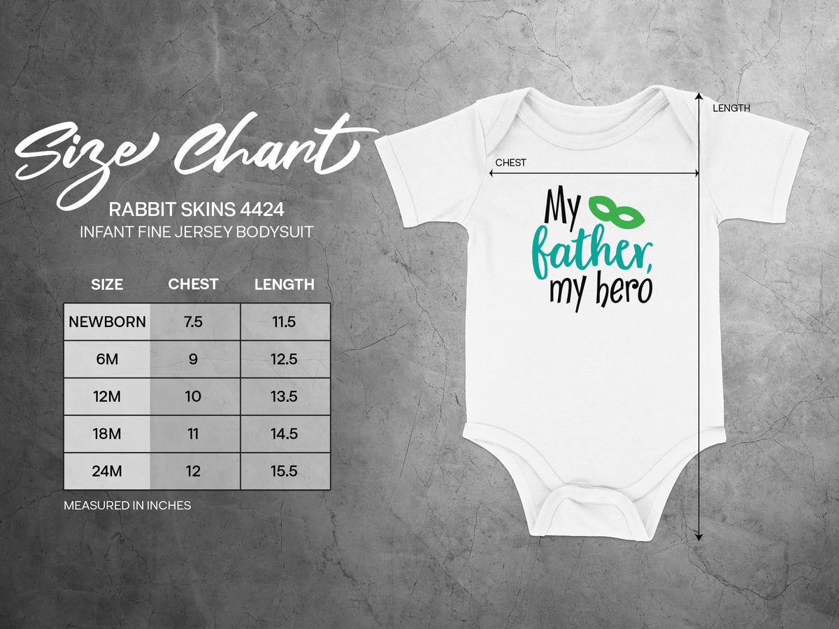 White baby bodysuit with a size chart displaying chest and length measurements for various infant sizes.