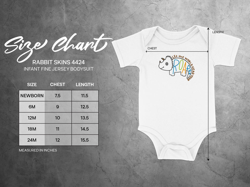 Rabbit Skins 4424 infant fine jersey bodysuit size chart with measurements for newborn to twenty-four months.