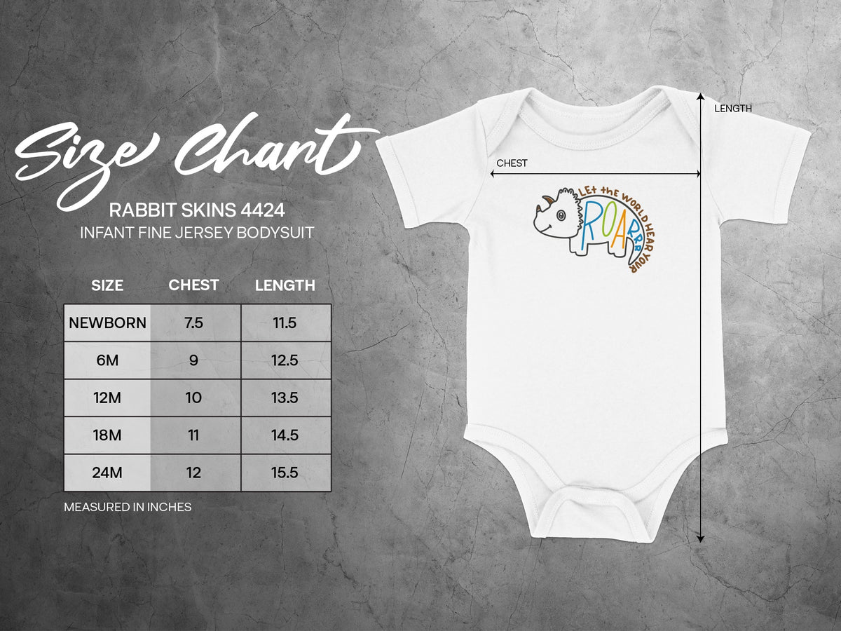 Rabbit Skins 4424 infant fine jersey bodysuit size chart with measurements for newborn to twenty-four months.