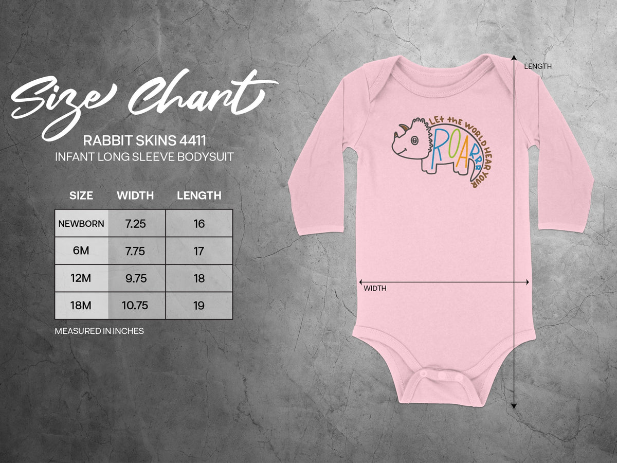 Pink long sleeve baby bodysuit size chart with measurements for newborn, 6M, 12M, and 18M sizes.