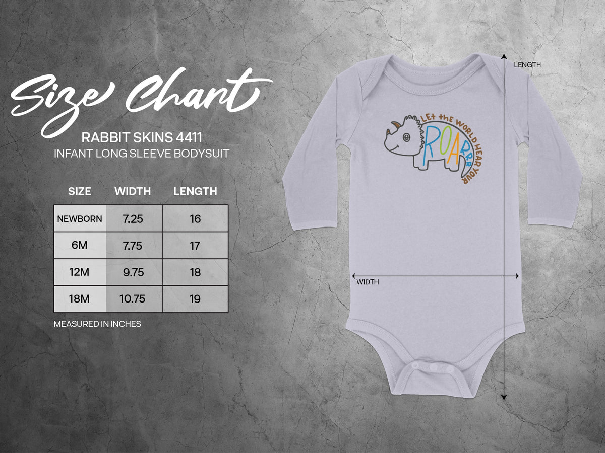 Rabbit Skins 4411 infant long sleeve bodysuit with size chart and measurements in inches.