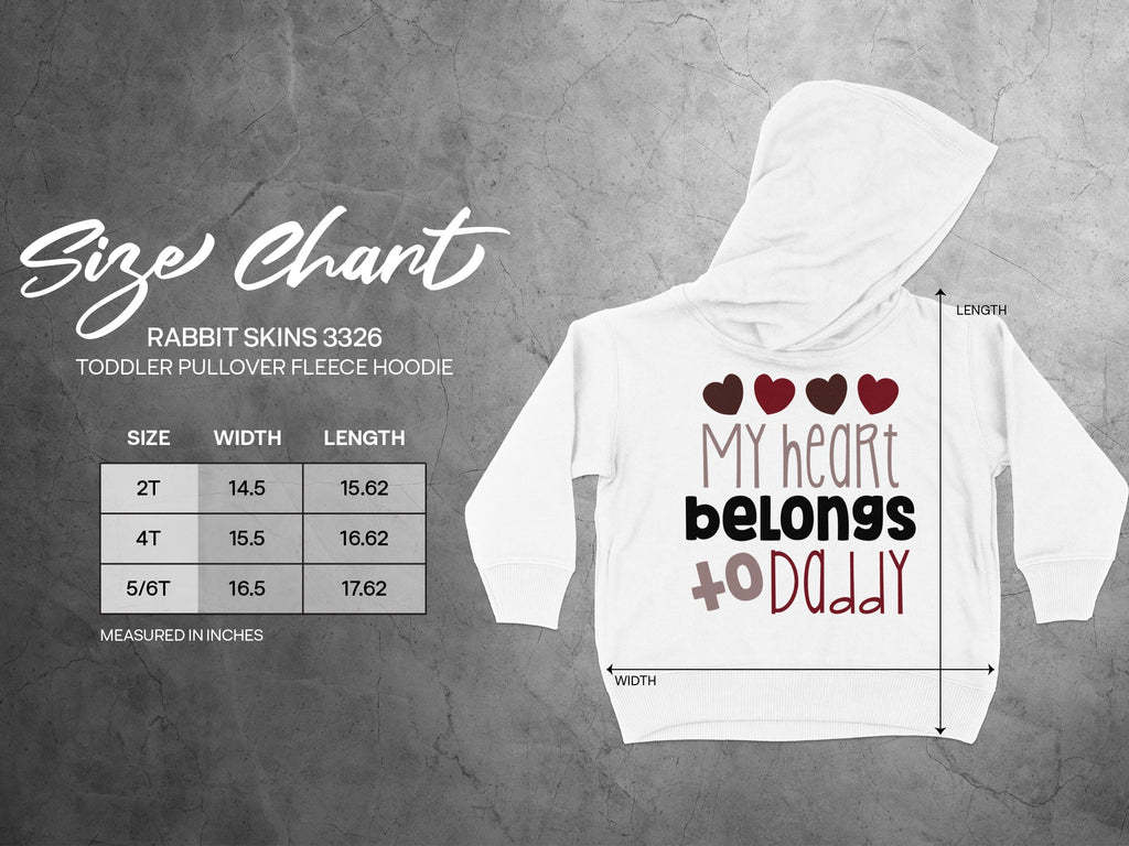 Rabbit Skins 3326 toddler pullover fleece hoodie size chart with measurements for sizes 2T to 5/6T.