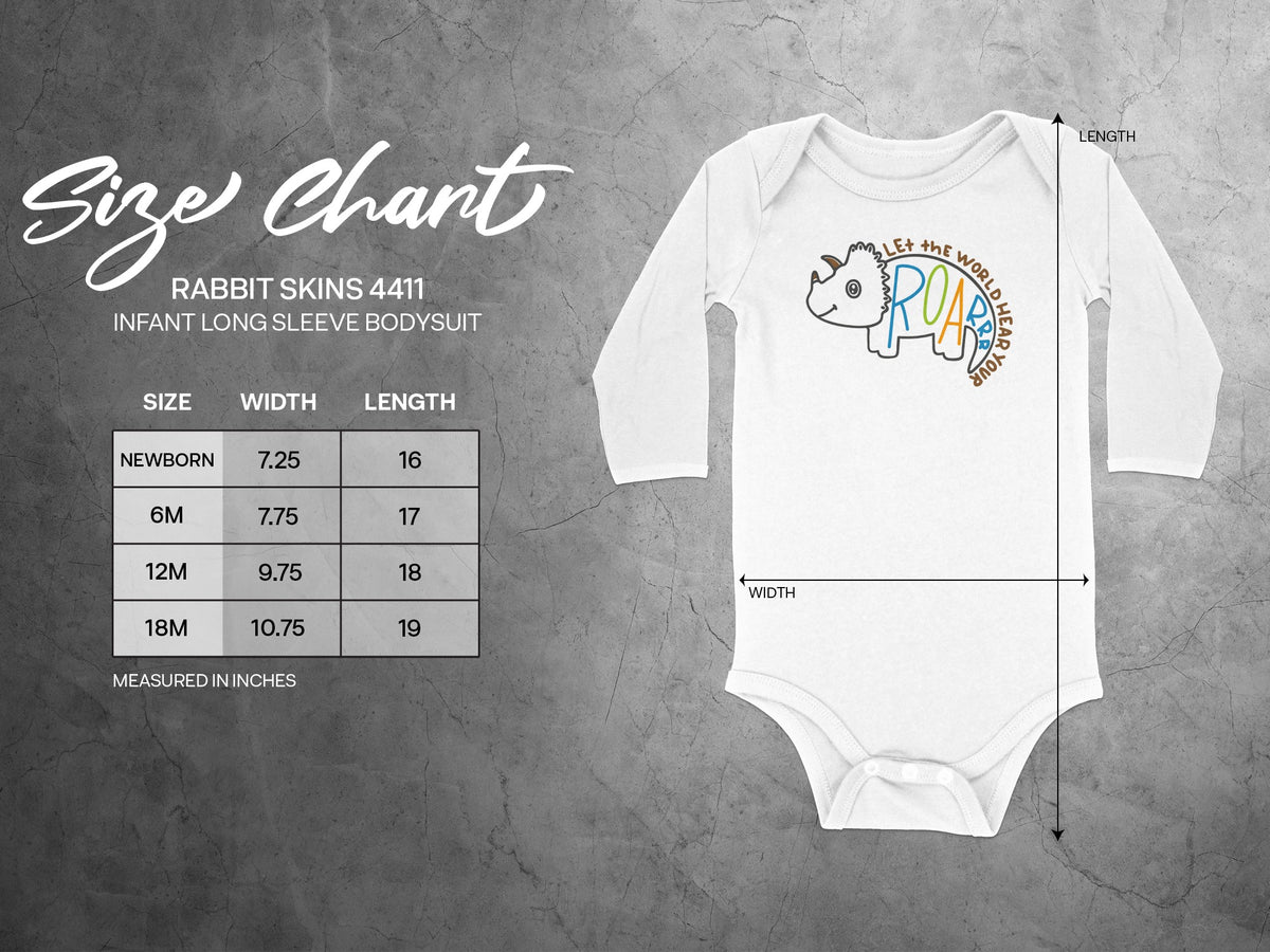 White infant long-sleeve bodysuit with a dinosaur graphic next to a size chart table and width-length measurements.