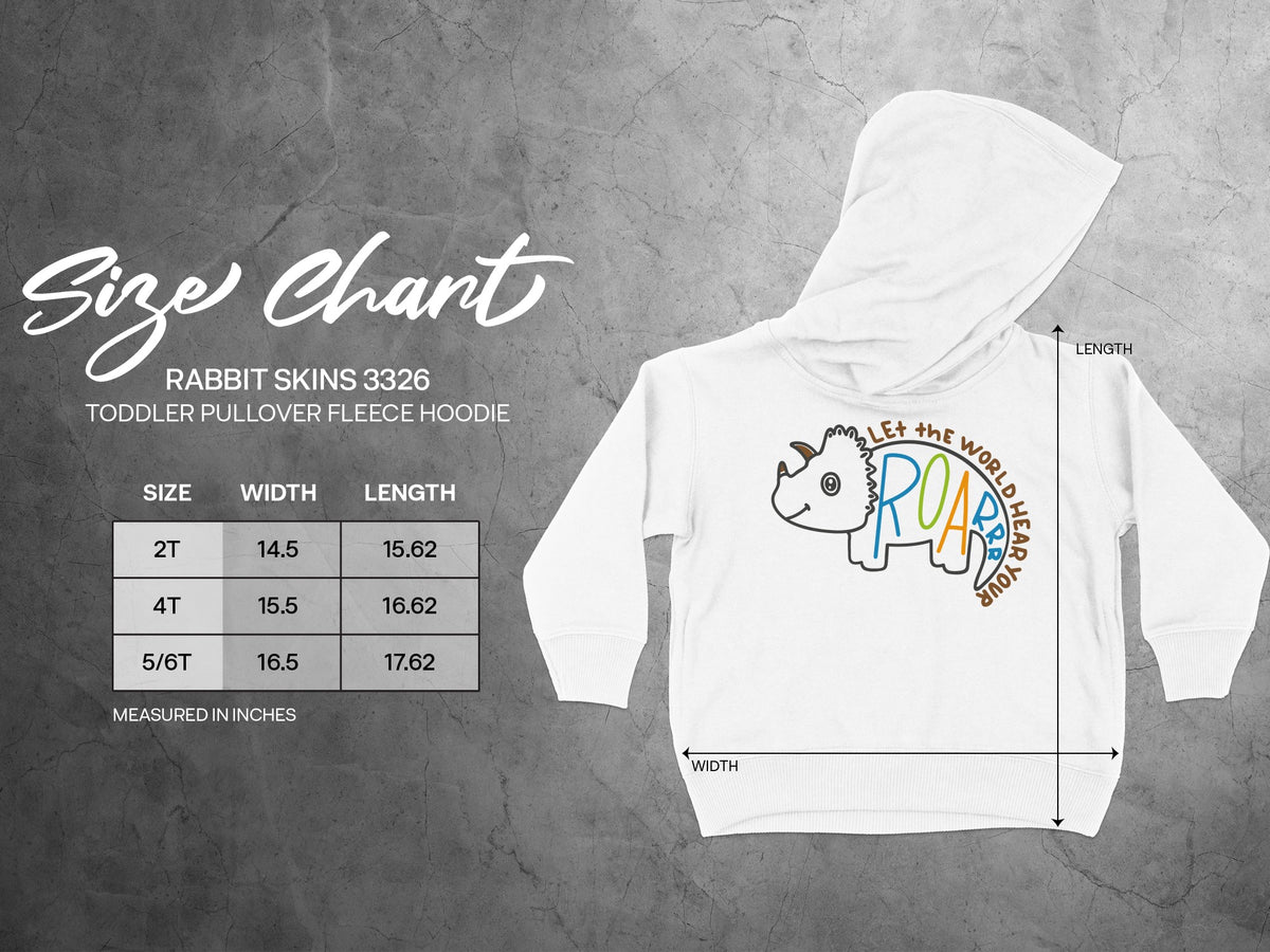 A white toddler pullover fleece hoodie with a dinosaur graphic and corresponding size chart.