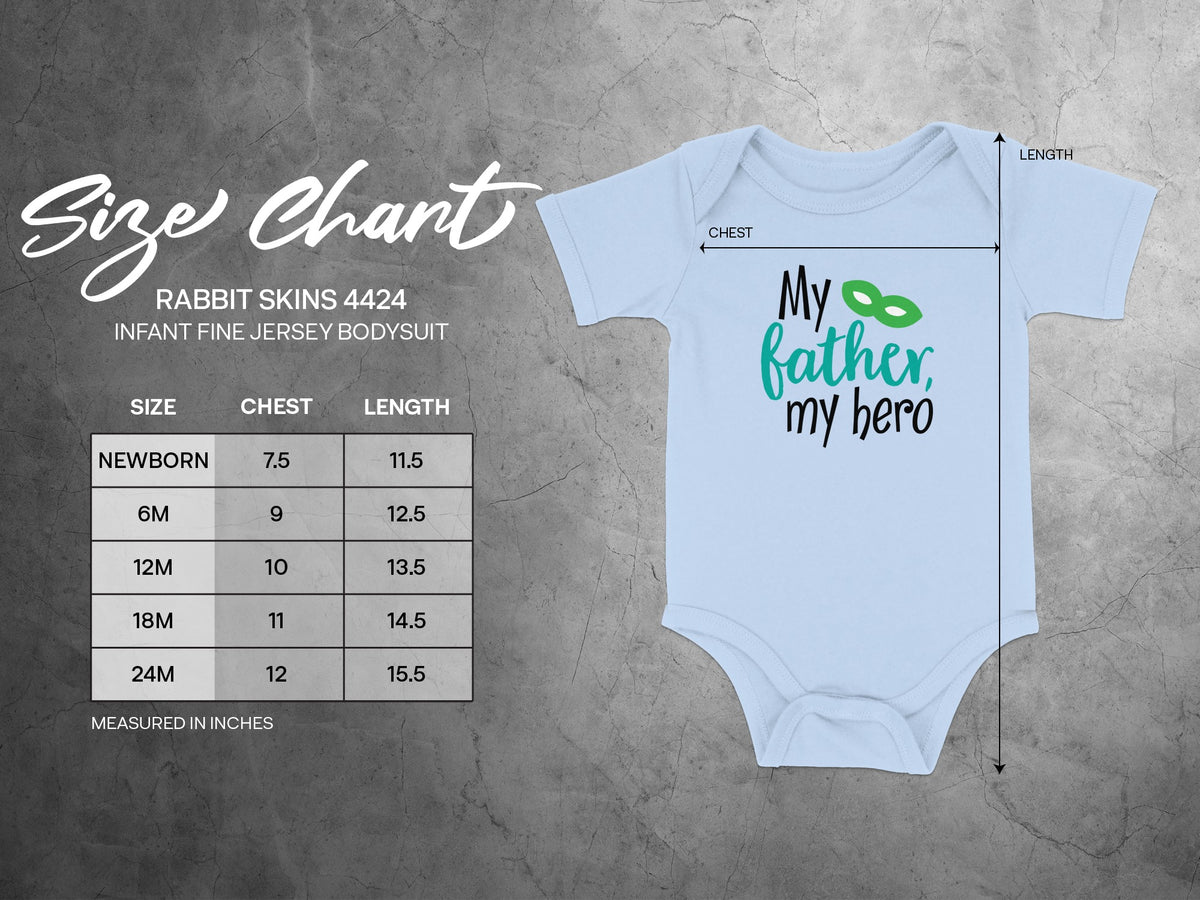 Size chart and measurement guide for Rabbit Skins 4424 infant fine jersey bodysuit displayed alongside the garment.