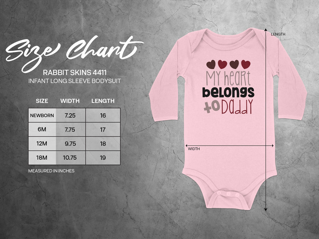 Pink long-sleeve infant bodysuit with a size chart displaying width and length measurements in inches.