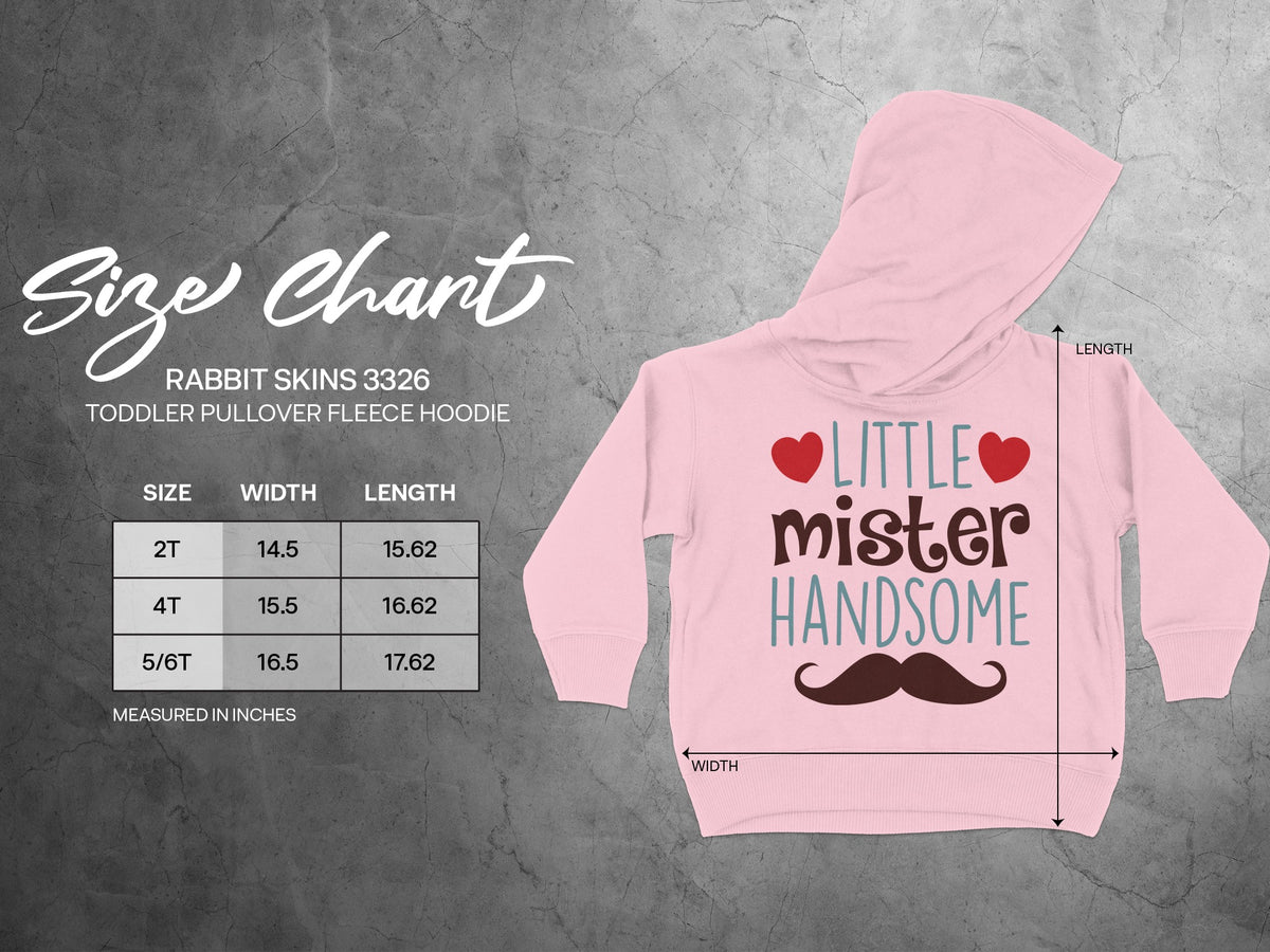 Rabbit Skins 3326 toddler pullover fleece hoodie size chart showing width and length measurements in inches.