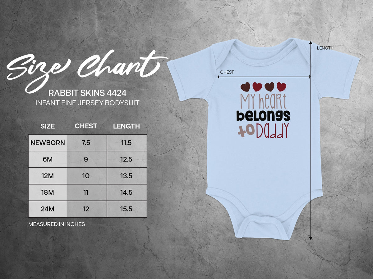 Rabbit Skins 4424 infant fine jersey bodysuit size chart with measurements for chest and length.