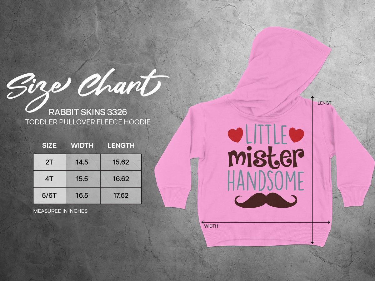 A pink toddler hoodie with a size chart showing dimensions in inches for sizes 2T to 5/6T.