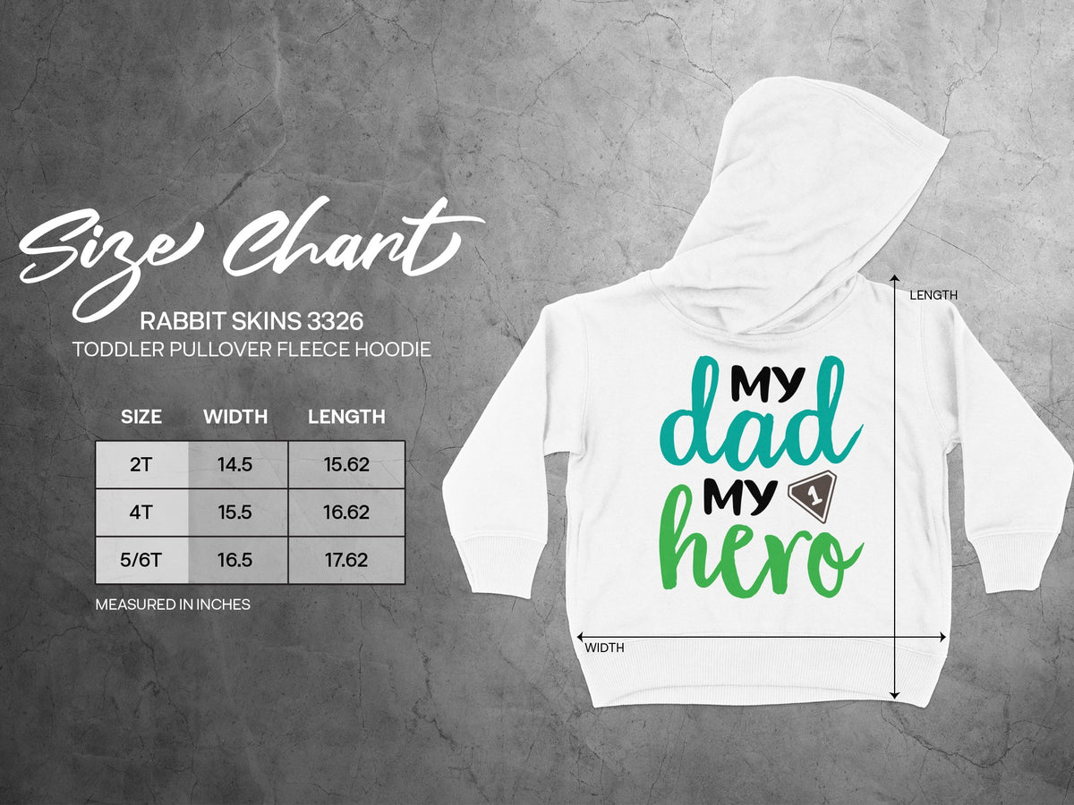 Rabbit Skins 3326 toddler pullover fleece hoodie with a size chart displaying width and length measurements in inches.
