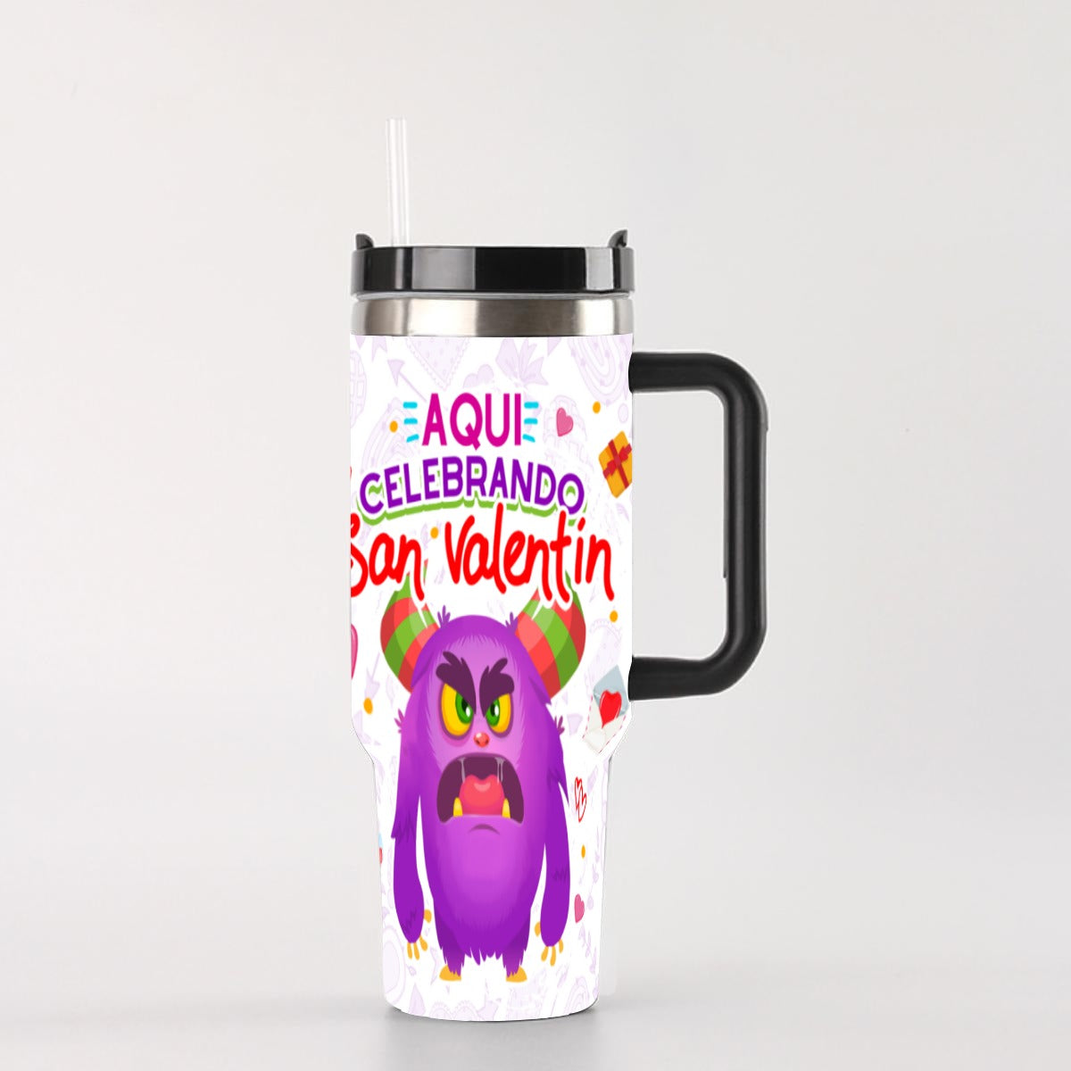 Taza y Tumbler San Valentin “Aquí Celebrando San Valentín”  Edición Divertida