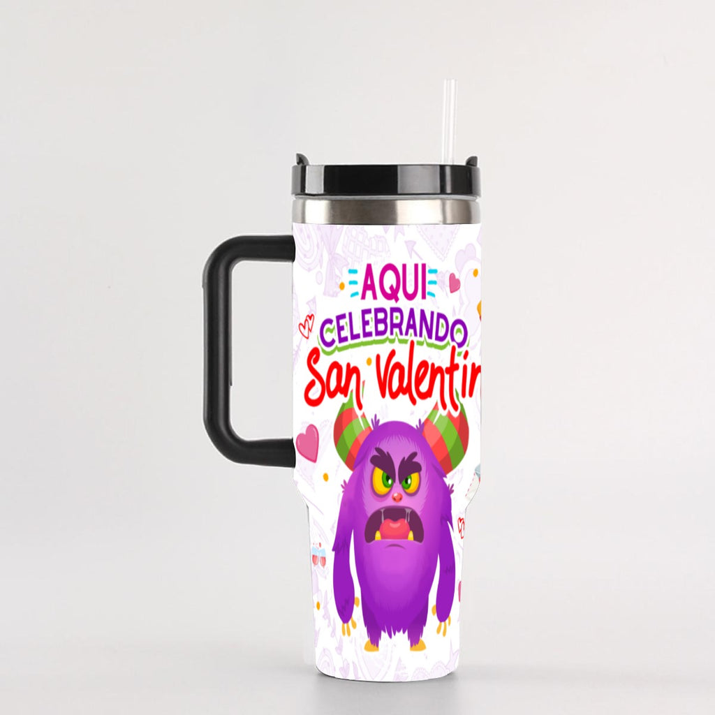 Taza y Tumbler San Valentin “Aquí Celebrando San Valentín”  Edición Divertida