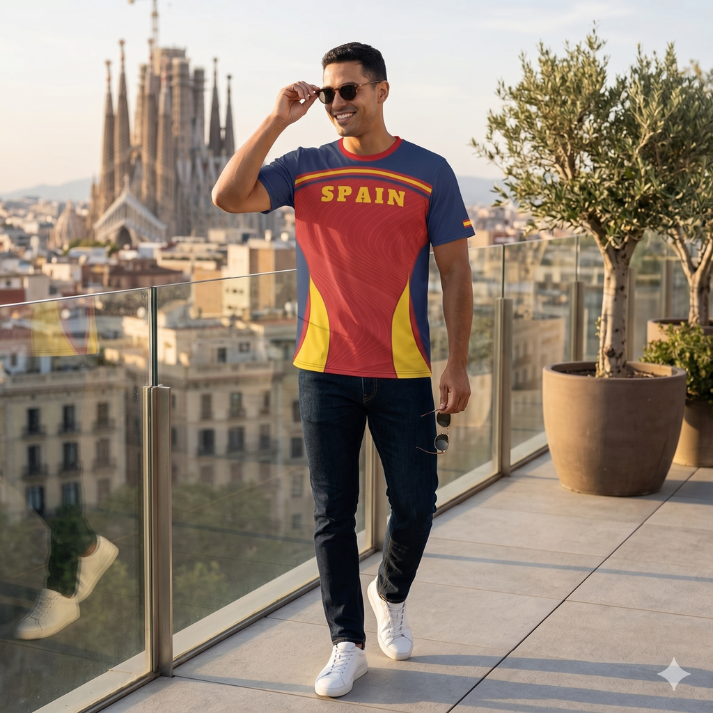 Camiseta Deportiva de España con Diseño de Líneas Onduladas y Ajuste Premium