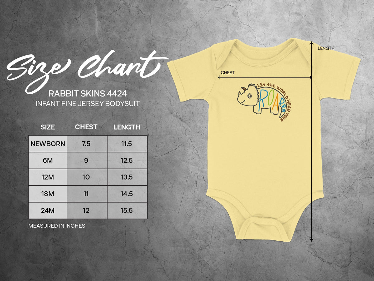 Rabbit Skins 4424 infant fine jersey bodysuit size chart showing measurements in inches alongside a yellow onesie.