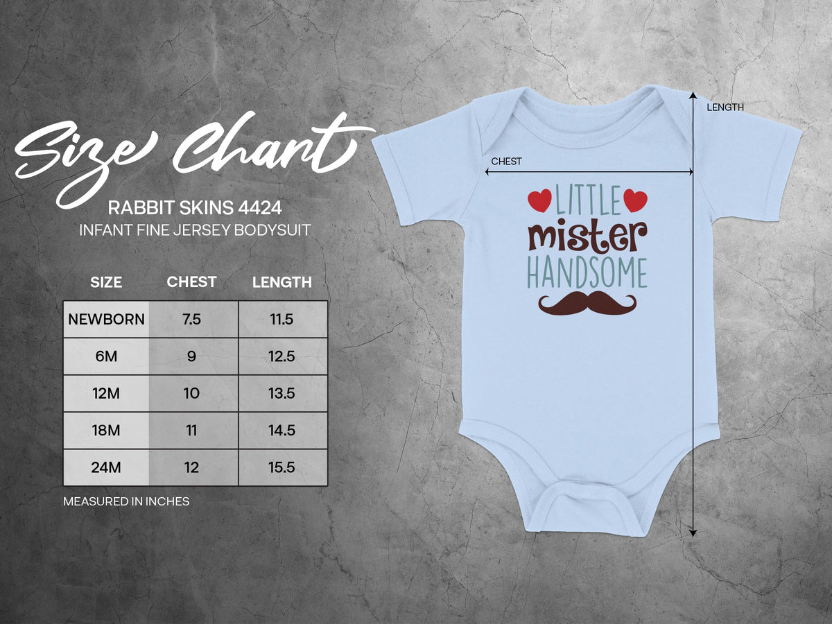 Size chart and measurement table for the Rabbit Skins 4424 infant fine jersey bodysuit.