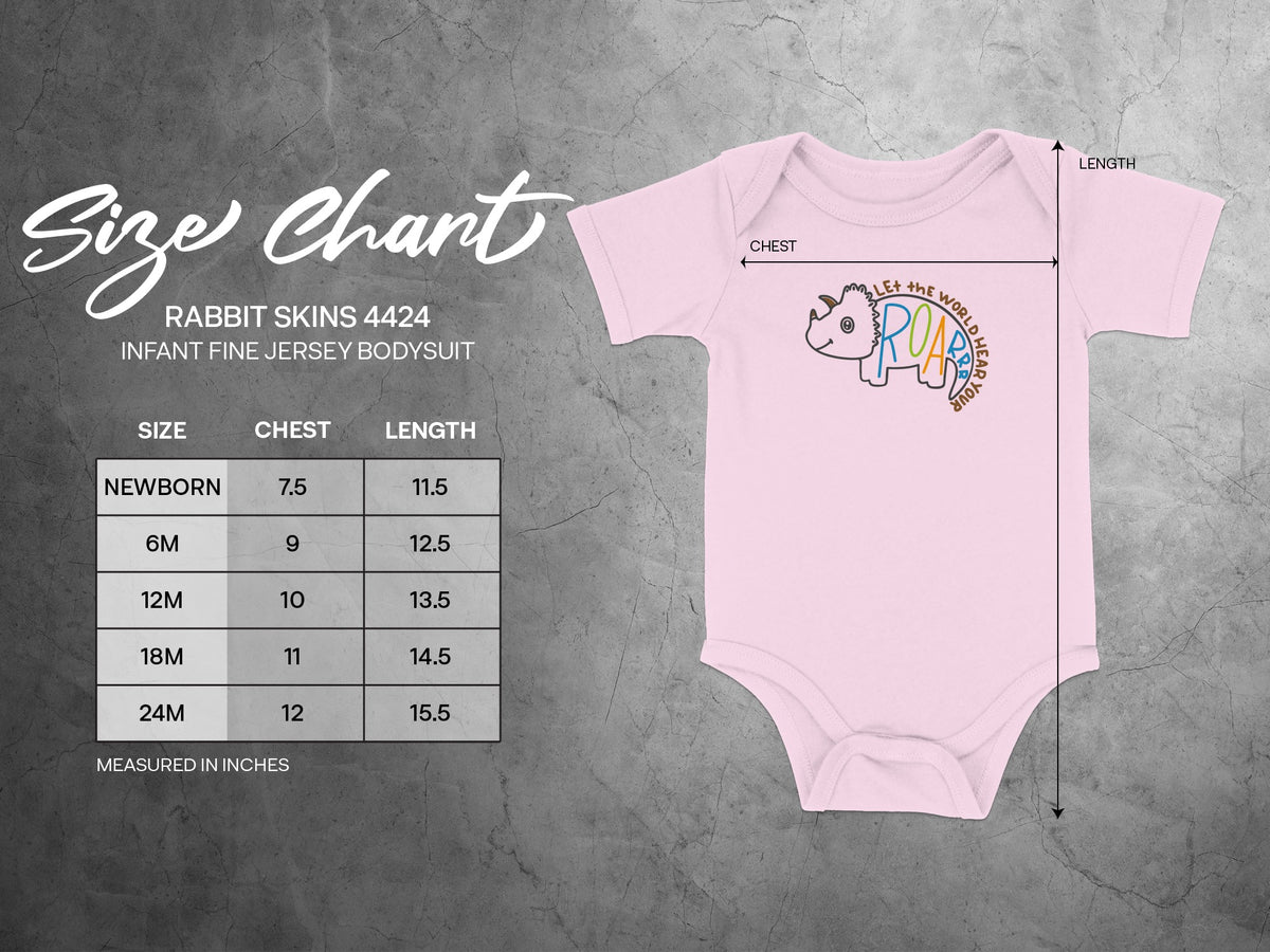 A size chart and measurements for the Rabbit Skins 4424 infant fine jersey bodysuit.