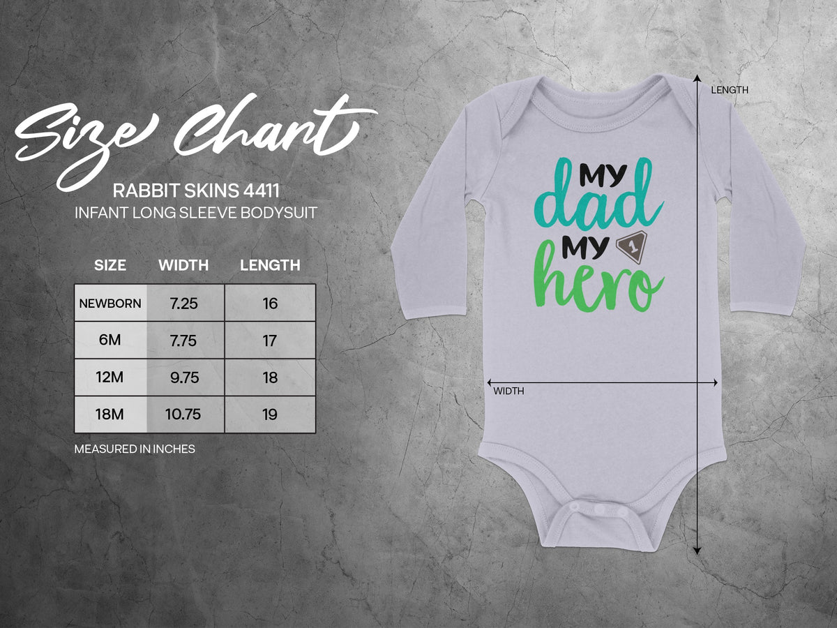 An infant long sleeve bodysuit with a size chart displaying width and length measurements in inches.