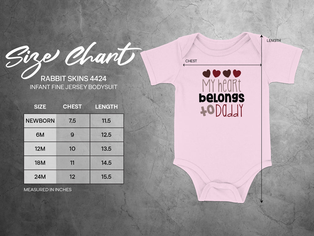 Pink infant bodysuit size chart with measurements for chest and length across five sizes from newborn to twenty-four months.