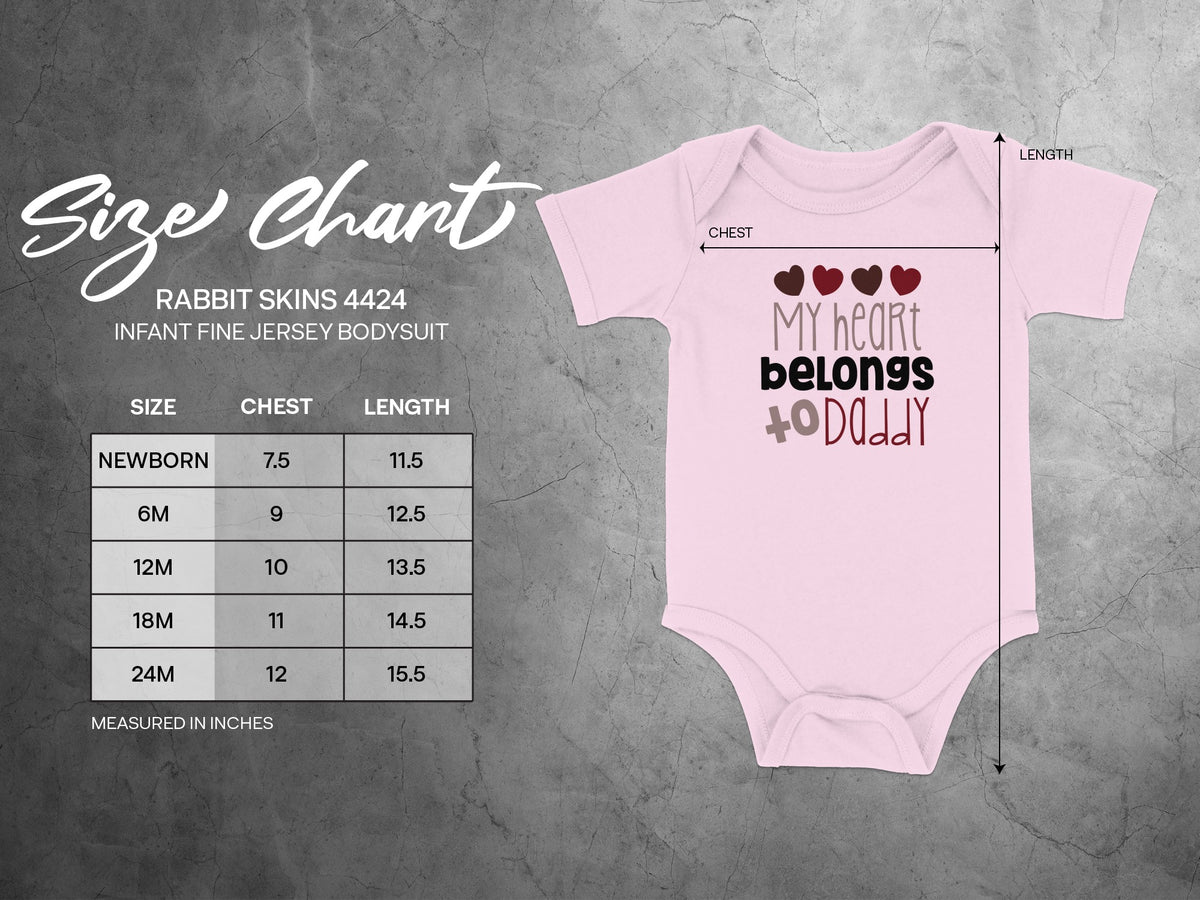 Pink infant bodysuit size chart with measurements for chest and length across five sizes from newborn to twenty-four months.