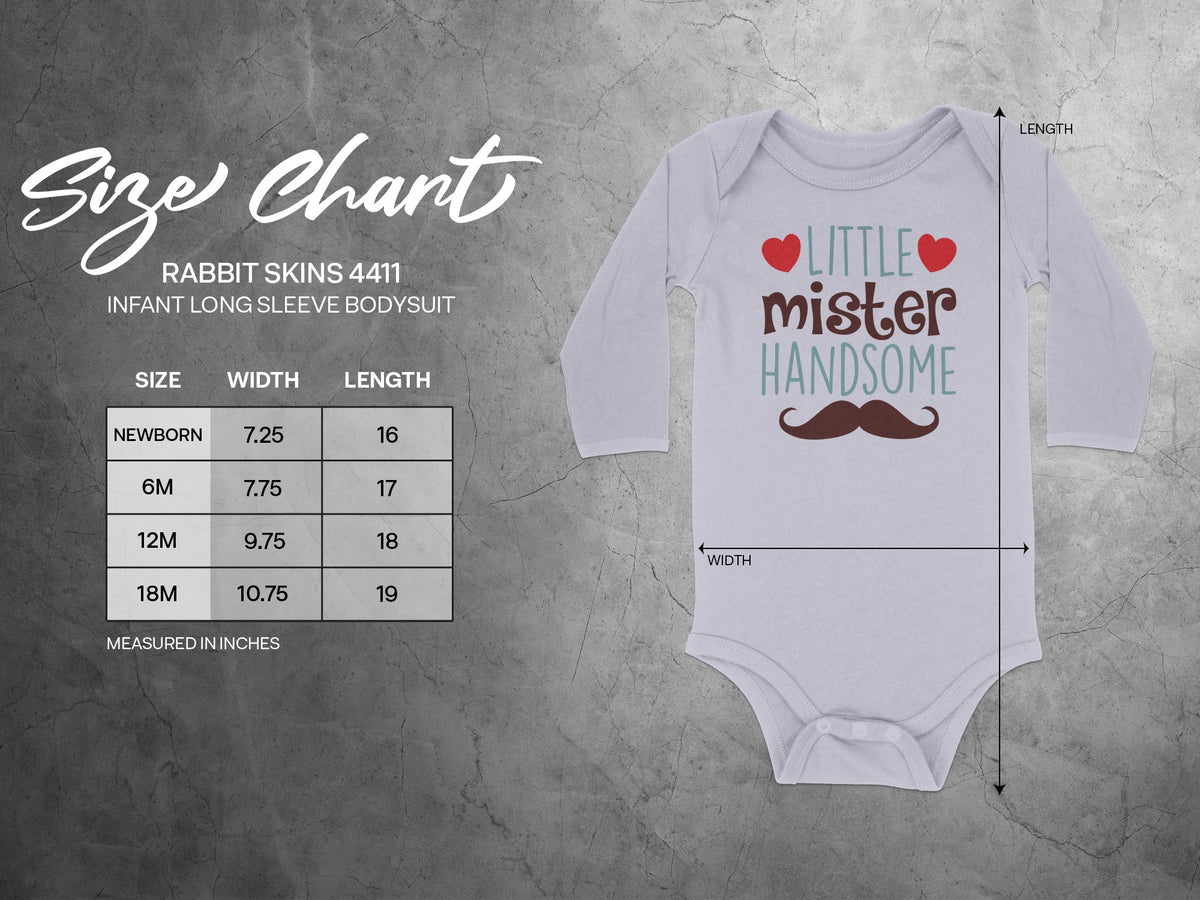A light purple infant long-sleeve bodysuit featuring a size chart and measurements in inches.