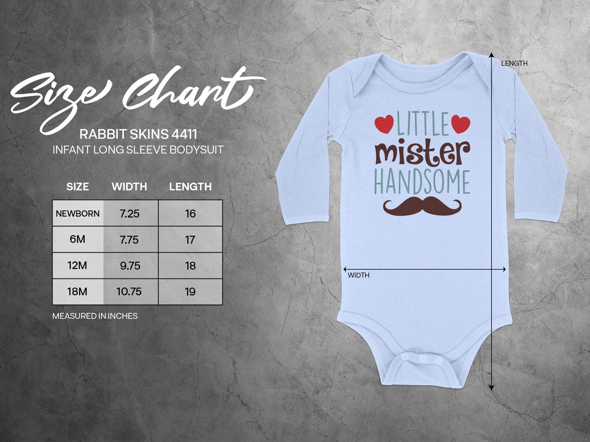 A light blue long sleeve infant bodysuit with a size chart displaying width and length measurements.