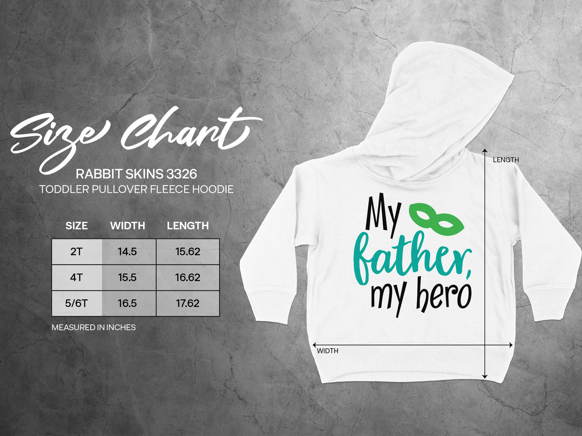 Rabbit Skins 3326 toddler pullover fleece hoodie size chart alongside a white hoodie with text and a mask.