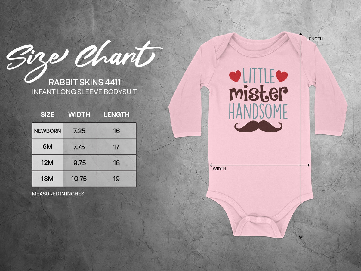 Pink infant long sleeve bodysuit with a size chart displaying width and length measurements in inches.