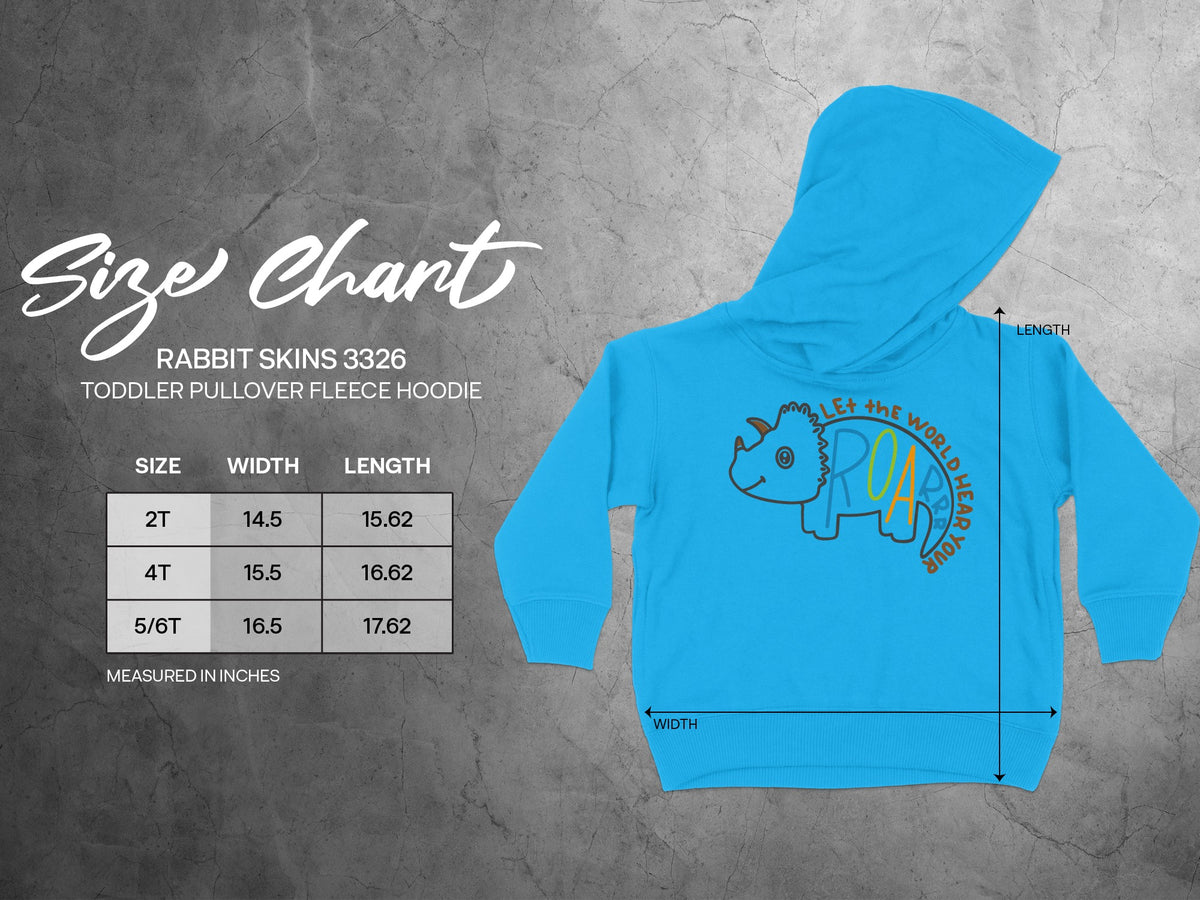 Size chart for a Rabbit Skins 3326 toddler pullover fleece hoodie, with measurements for sizes 2T to 5/6T.