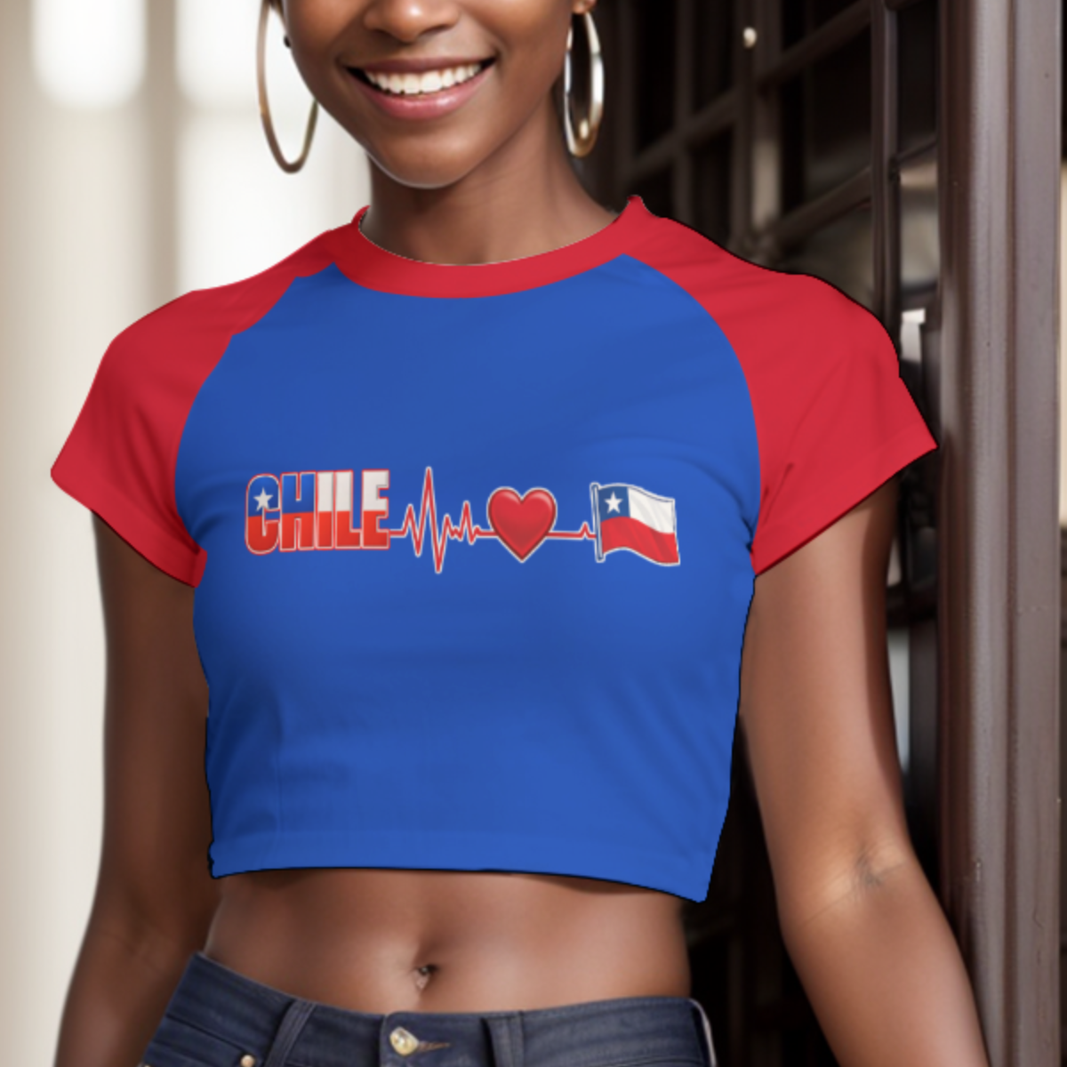 Crop Top CHILE Corazón y Bandera – Camiseta Raglán Regular Mujer