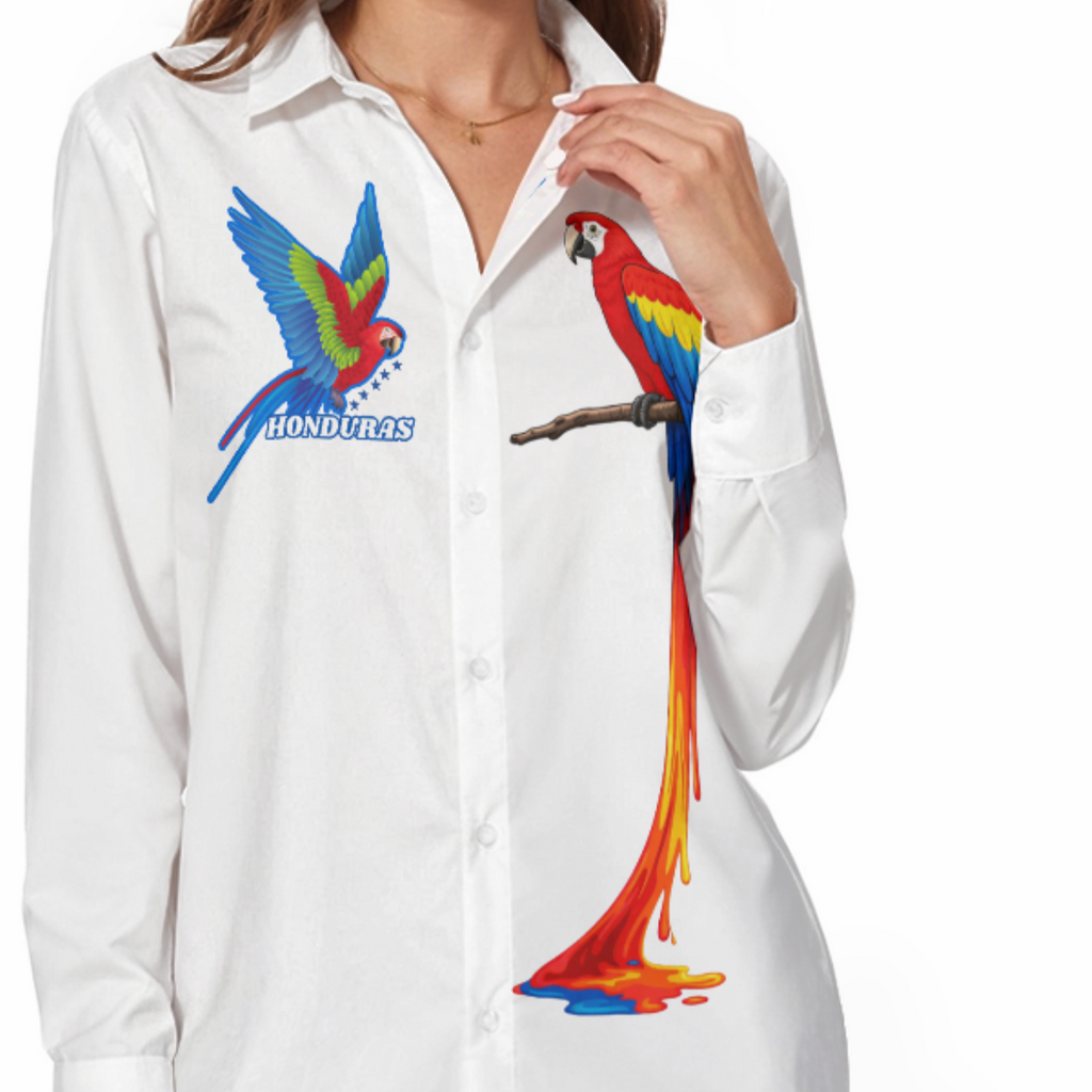 Camisa manga larga mujer Honduras con guacamayas coloridas estilo elegante casual