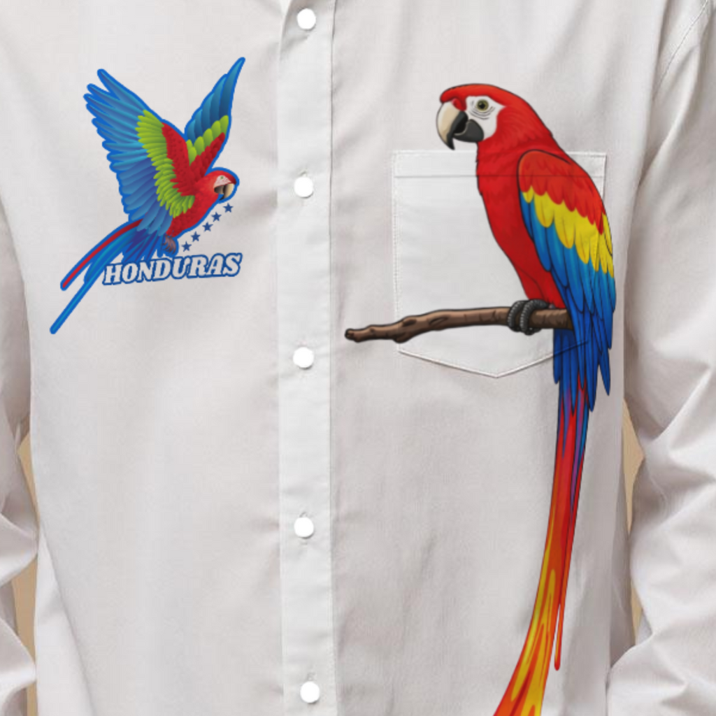 Camisa manga larga hombre Honduras con guacamayas tropicales estilo elegante casual