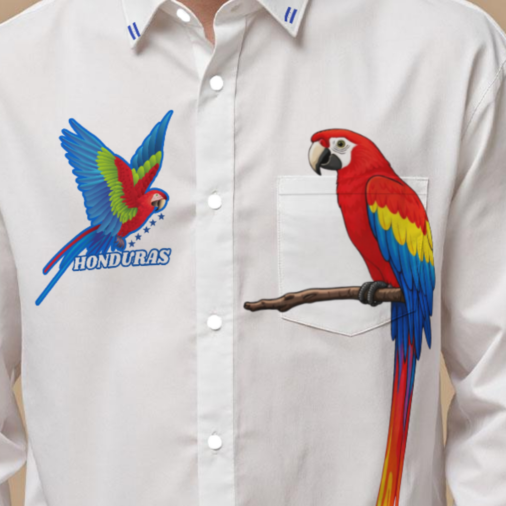 Camisa manga larga hombre Honduras con guacamayas tropicales estilo elegante casual
