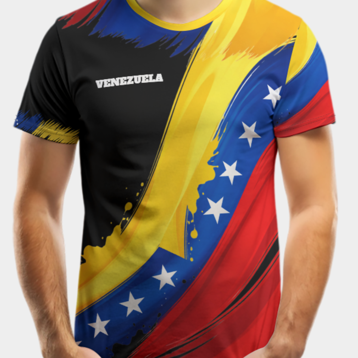 Camiseta Venezuela tricolor abstracto y estrellas estilo moderno