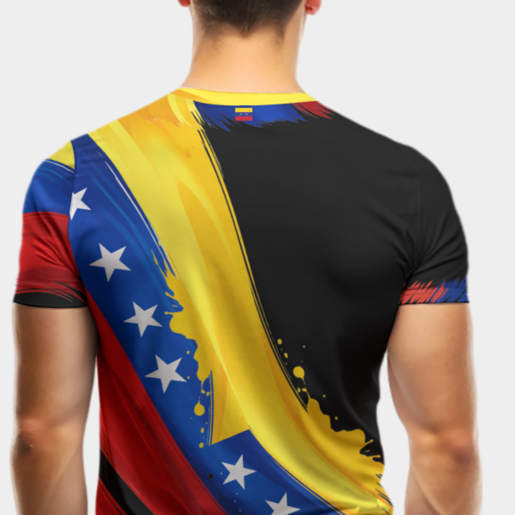 Camiseta Venezuela tricolor abstracto y estrellas estilo moderno