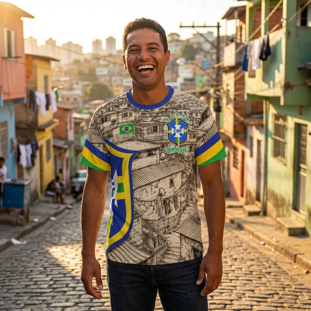 Camiseta Brasil Favelas estilo fútbol con escudo y detalles verde amarillo