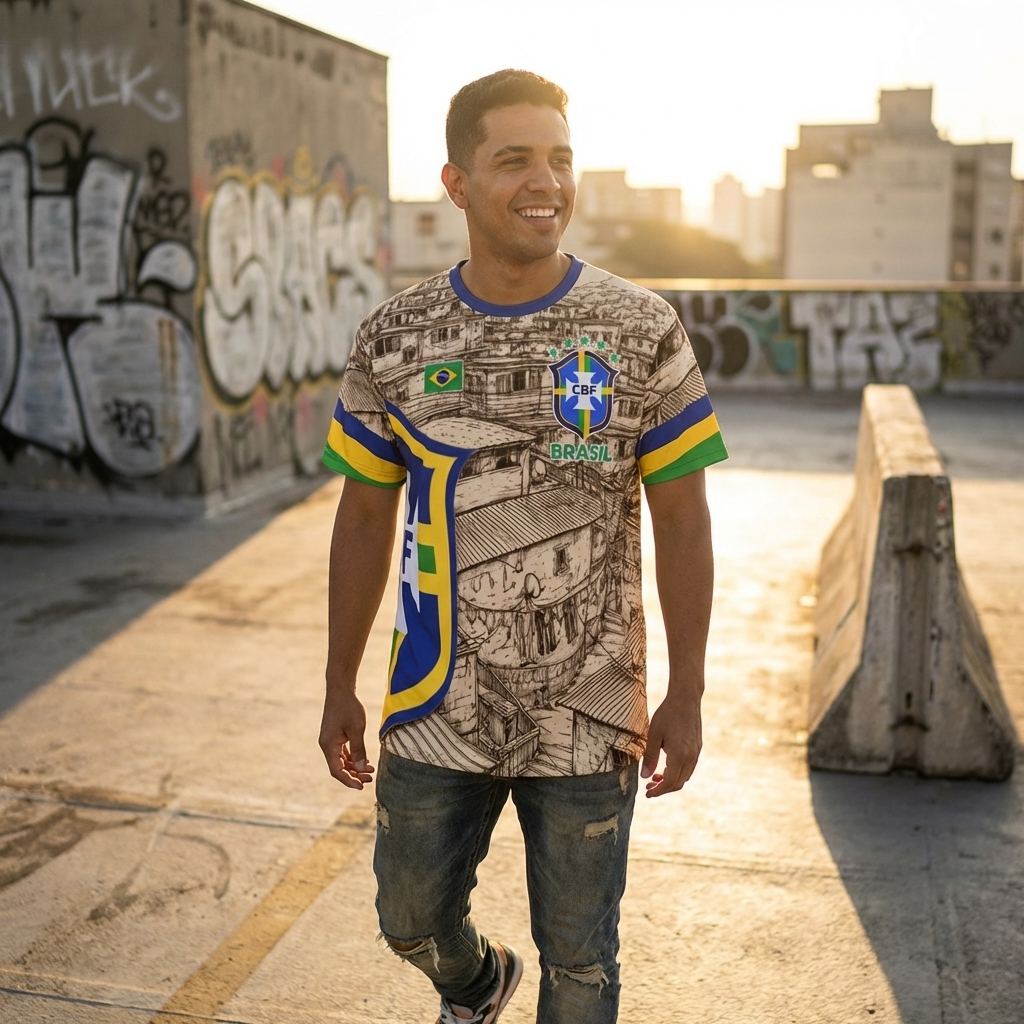 Camiseta Brasil Favelas estilo fútbol con escudo y detalles verde amarillo
