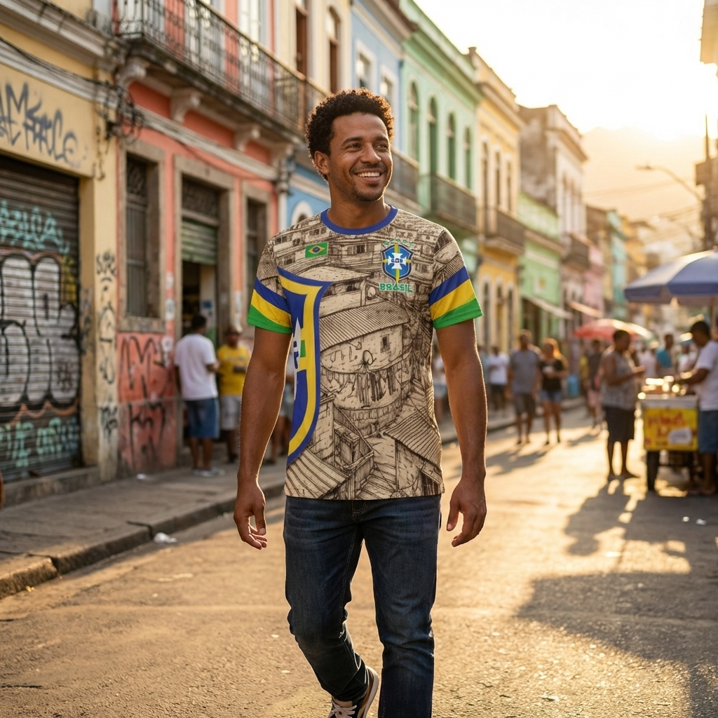 Camiseta Brasil Favelas estilo fútbol con escudo y detalles verde amarillo