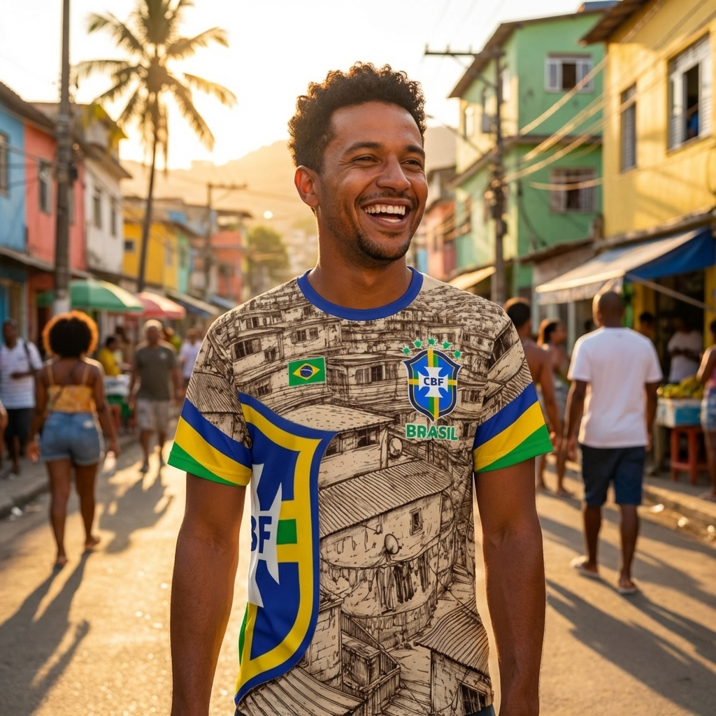 Camiseta Brasil Favelas estilo fútbol con escudo y detalles verde amarillo