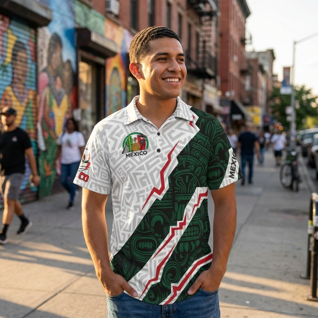 Polo México diseño azteca moderno | Camisa deportiva elegante verde blanco con estilo cultural