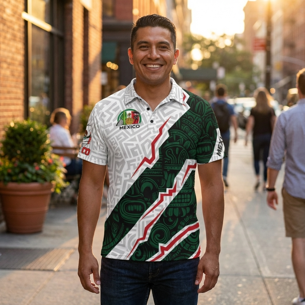 Polo México diseño azteca moderno | Camisa deportiva elegante verde blanco con estilo cultural