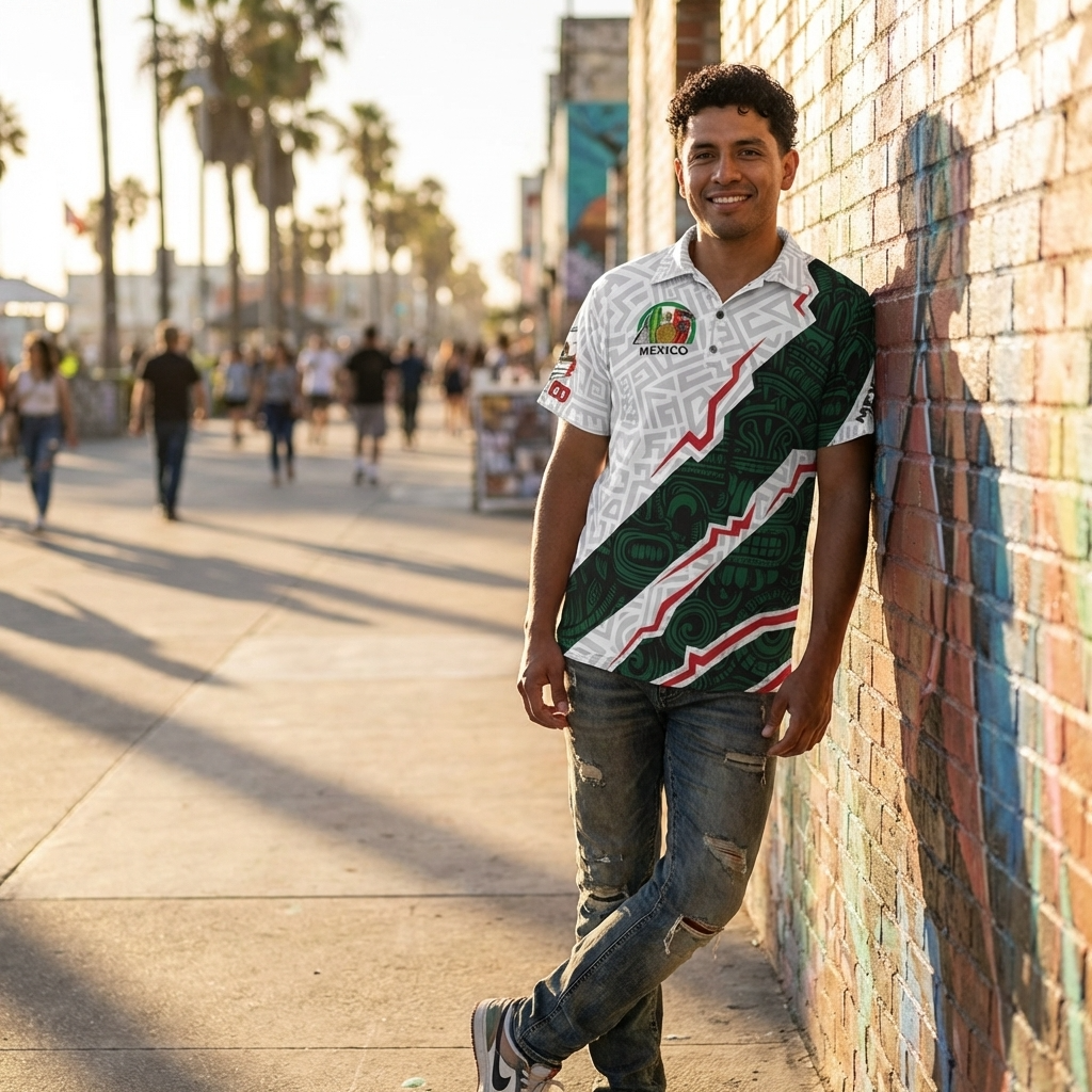 Polo México diseño azteca moderno | Camisa deportiva elegante verde blanco con estilo cultural