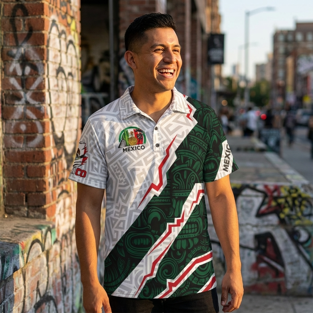 Polo México diseño azteca moderno | Camisa deportiva elegante verde blanco con estilo cultural