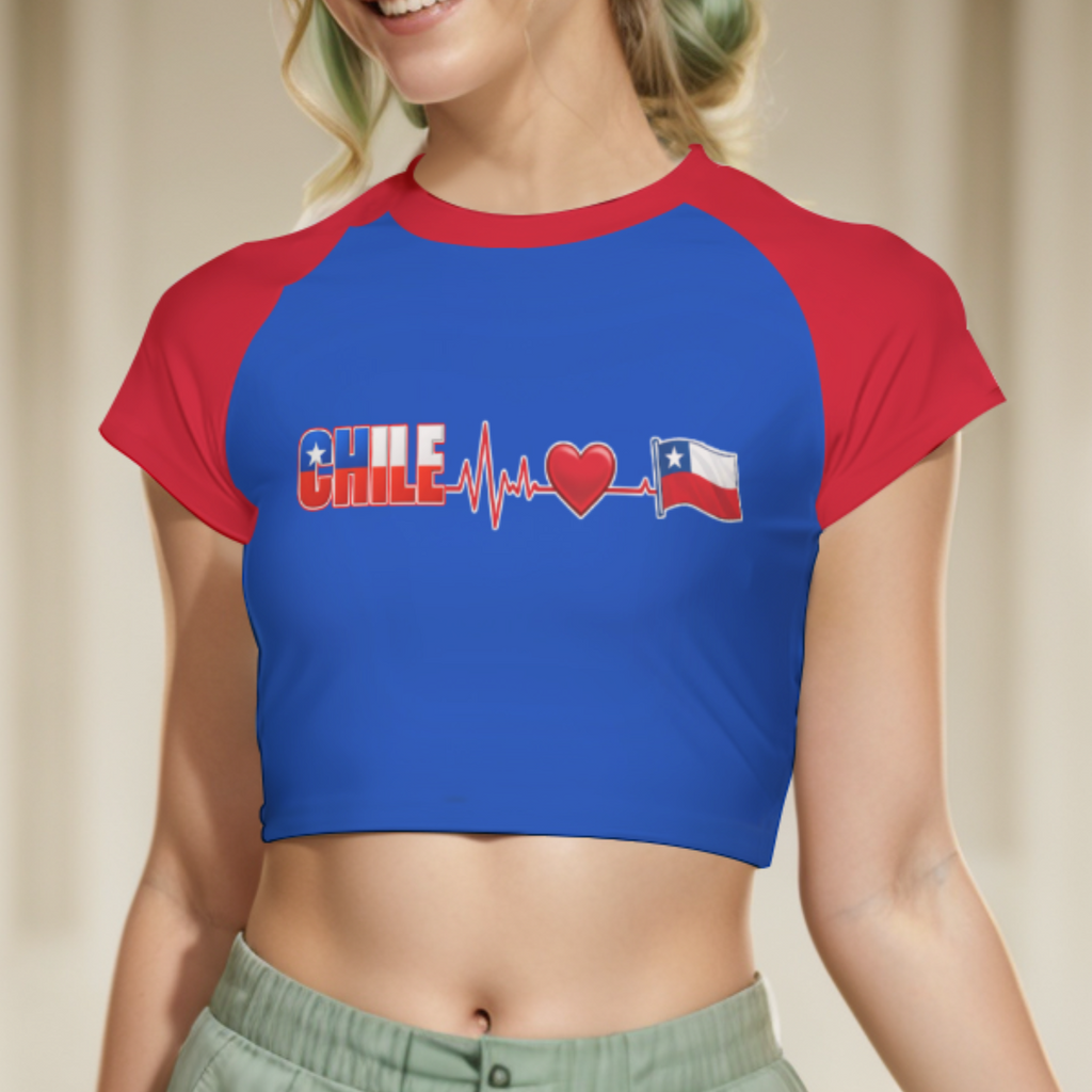 Crop Top CHILE Corazón y Bandera – Camiseta Raglán Regular Mujer