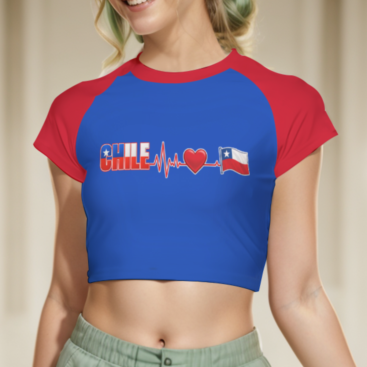 Crop Top CHILE Corazón y Bandera – Camiseta Raglán Regular Mujer