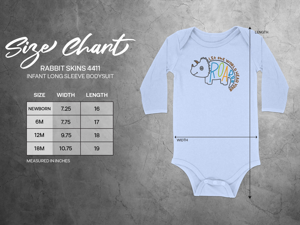 Size chart and measurements table for a light blue infant long sleeve bodysuit with dinosaur graphics.
