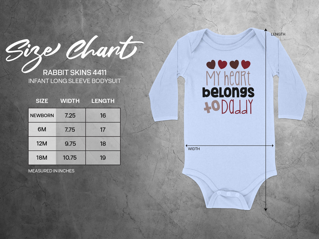 Light blue infant long sleeve bodysuit with text and heart graphics, accompanied by a size chart.