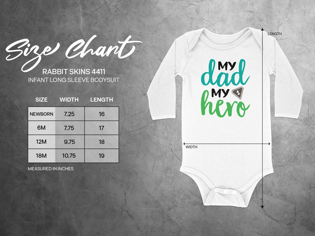 A white long-sleeve infant bodysuit next to a size chart with width and length measurements.