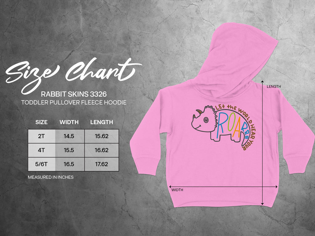 Pink toddler fleece hoodie with a dinosaur graphic and an accompanying size chart showing width and length dimensions.
