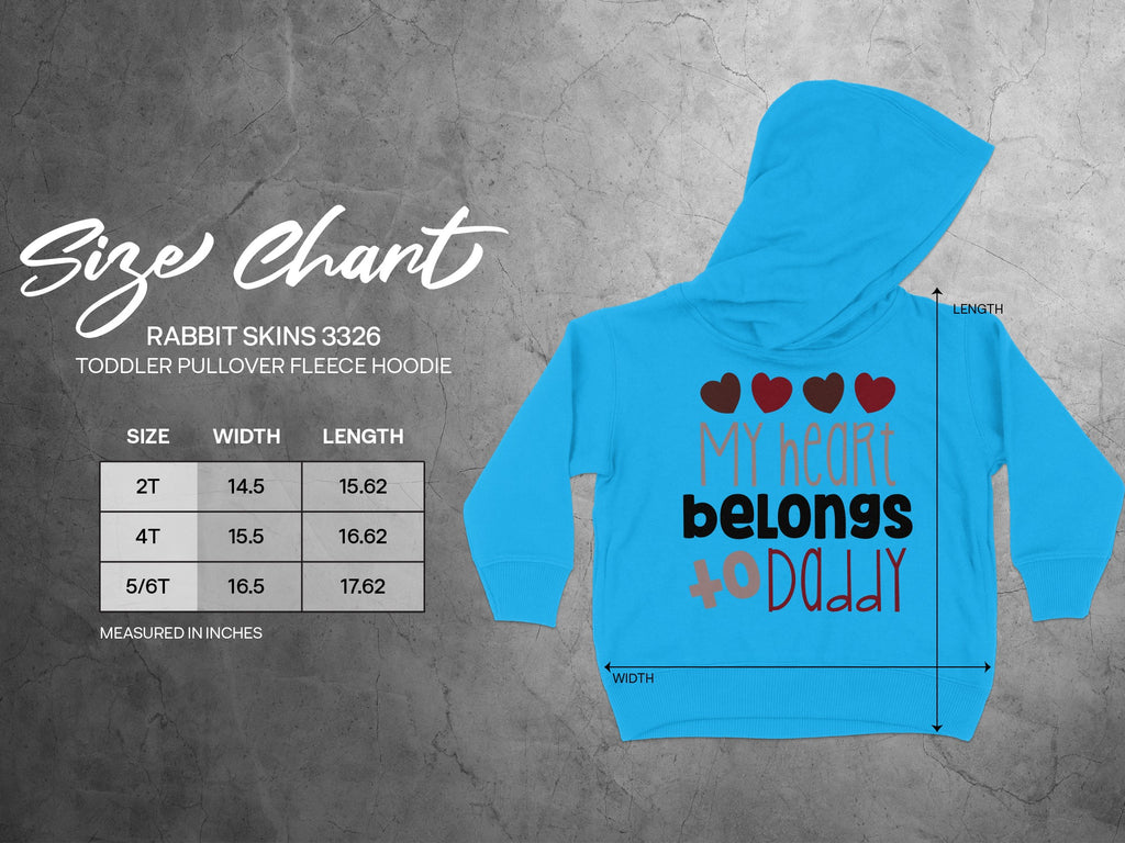 Rabbit Skins 3326 toddler pullover fleece hoodie in bright blue with a matching size chart.